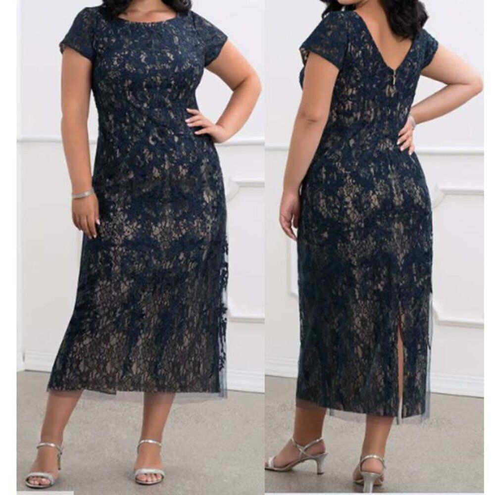 Azazie Alyssum Bodice Ballerina Midi Dress Chanktilly Lace Party Dark Navy S12